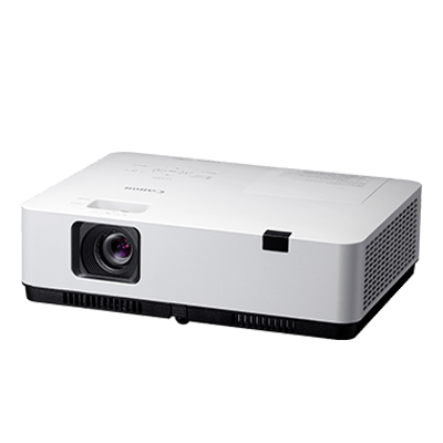 A white projector sold by a Canon authorized dealer in Malaysia.